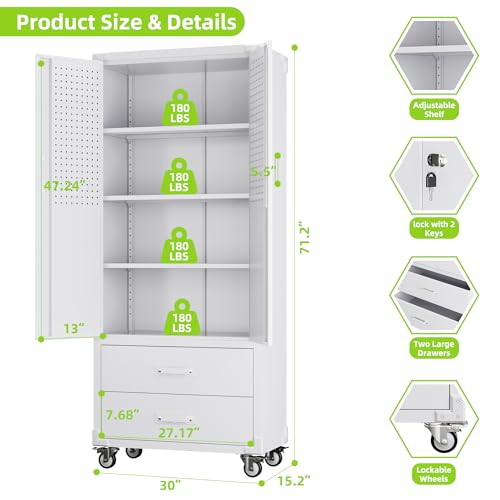 Aobabo 71" H×34" W×18" D Garage Metal Storage Cabinet with Wheels, Locking Steel Storage Cabinet with 5 Shelves and 4 Hooks, for Home Office, School, Assembly Required, Black Silver
