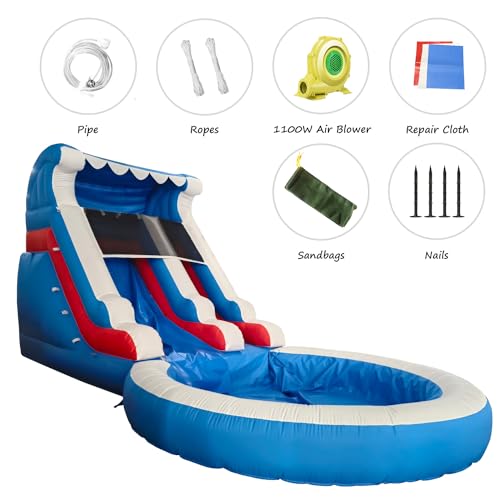 Water Slides for Kids,Commercial Big Water Slide for Adults Backyard 100% PVC Climbing Ladder with 2 Large WaterSlides with Splash Pool Outdoor Wet Dry Inflatable Pool Kids Water Slides 20FT/L
