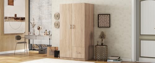 71'' Wooden Armoire with Double Doors and Storage Drawer, Modern 2 Door Wooden Wardrobe with 5 Fixed Shelves and Hanging Rod, for Kitchen, Hallway, Living Room, Bedroom (Natural-103)