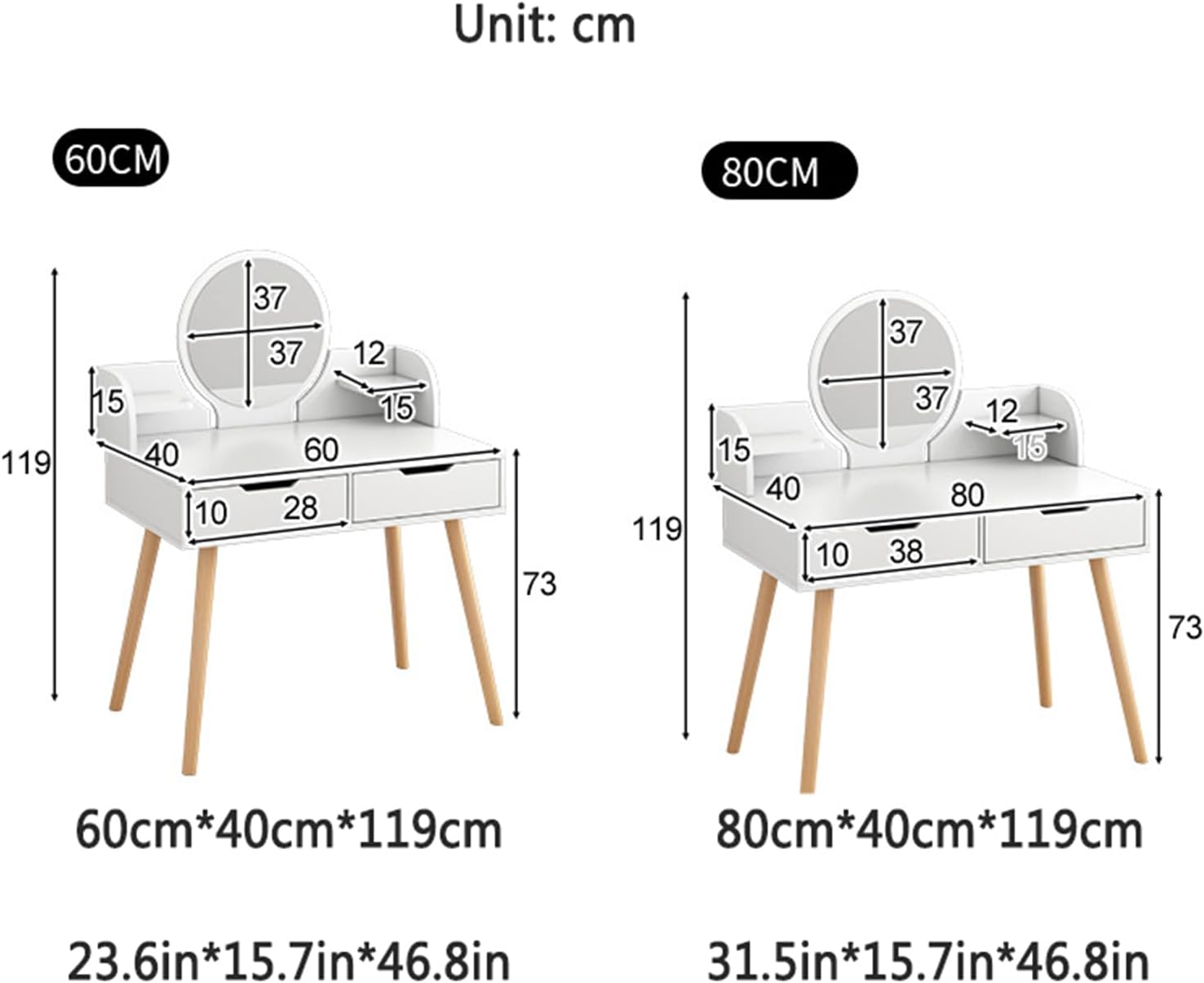 Fashion Makeup Vanity with Mirror, Vanity Desk with Open & Hidden Storage Shelves as, Makeup Dressing Vanity Table Set with 2 Large Drawers for Women Girls
