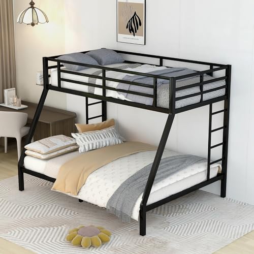 Full XL Over Queen Metal Bunk Bed, Heavy Duty Metal Bunk Beds Frame with 2 Ladder for Kids Adults, No Box Spring Needed/Space-Saving/Noise-Free, Black (Full XL Over Queen)