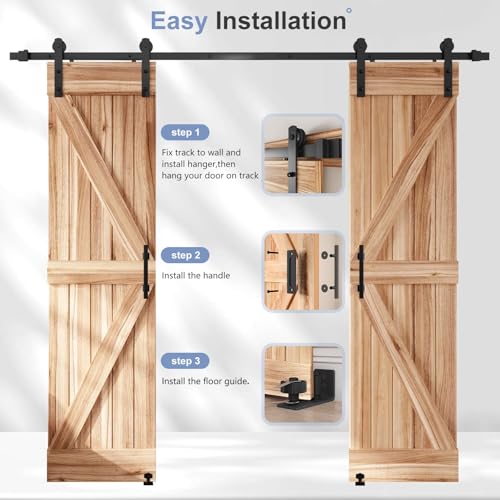 EaseLife 12 FT Double Sliding Barn Door Track and Handle Hardware Kit,Straight Pulley,Slide Smoothly Quietly,Easy Install (12FT Track Kit for 33"~36" Wide Double Door)