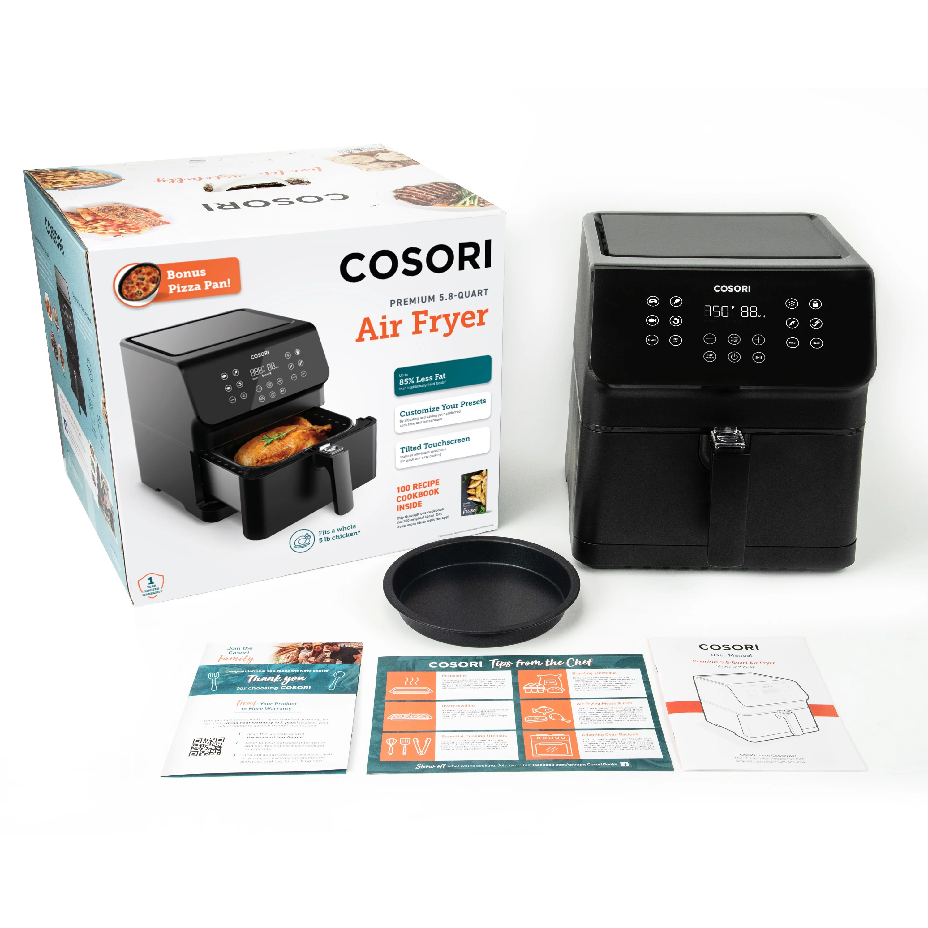 COSORI Air Fryer, Pro II 5.8 QT Large 12-in-1 Oven, Preheat & Keep Warm, Bonus Pizza Pan, Black
