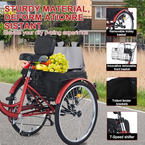 Upgraded Adult Tricycle, 7 Speed Tricycle for Adults with Front & Rear Baskets, 3 Wheel Bikes for Adults, Adult Tricycles for Women Men Seniors, Adult Trike, 26 inch Three Wheel Bikes