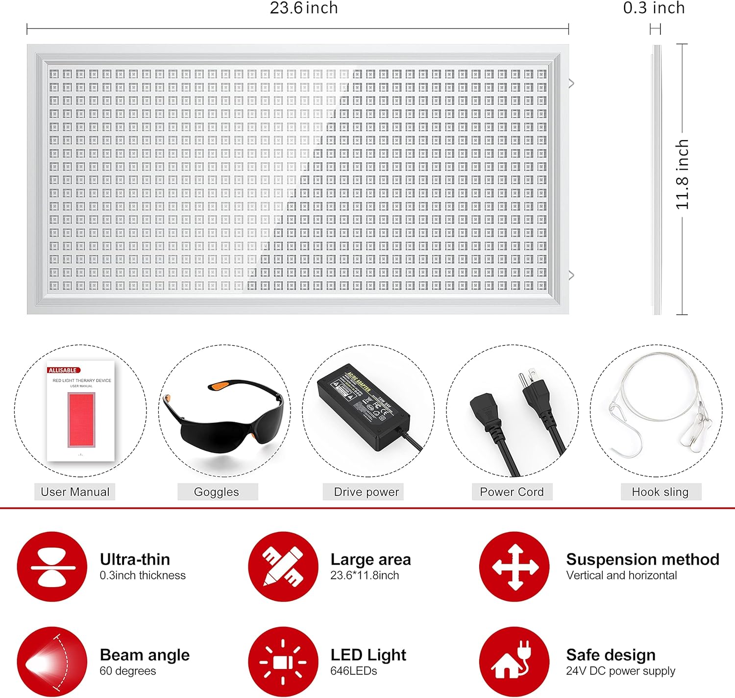 Allisable Red Light Therapy Panel, Deep Red Light 660nm for Face and Skin(646 LEDs)