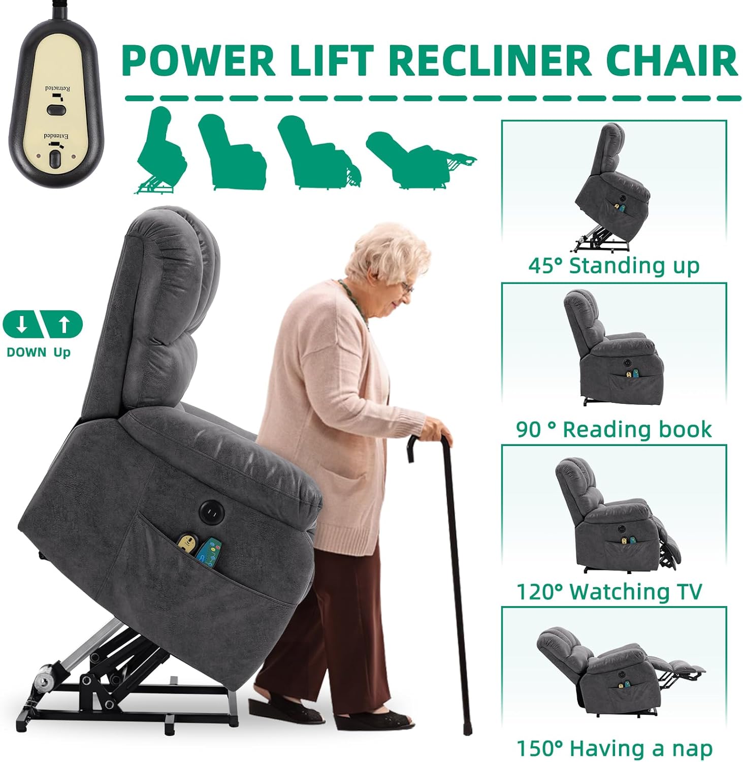 VIVIJASON Tall Man Large Power Lift Recliner Chair with Extended Footrest for Elderly, Overstuffed Wide Electric Lift Chair with Heat & Massage, 2 Remote Controls, Side Pockets & USB Ports, Gray