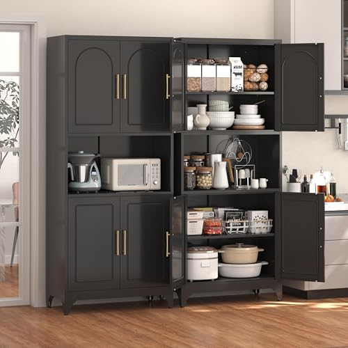 Kitchen Pantry Cabinet with Acrylic Glass Doors, 75" Metal Kitchen Hutch with Countertop, Adjustable Shelves, Freestanding Food Pantry Cabinet for Living, Dining Room, Black, Assembly Required