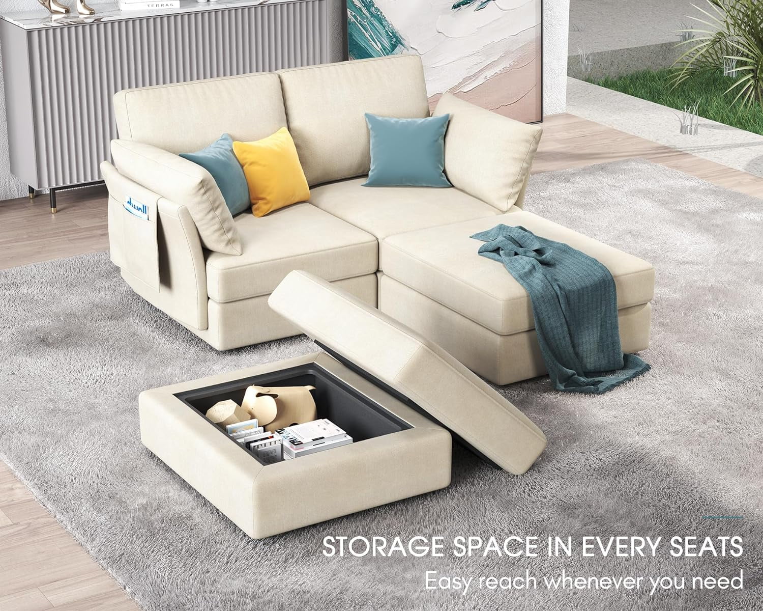AMERLIFE 70 Inches Modular Sectional Sofa, Oversized Sectional Sofa with Storage, Ottomans, 4 Seats Couch for Living Room- Beige Chenille