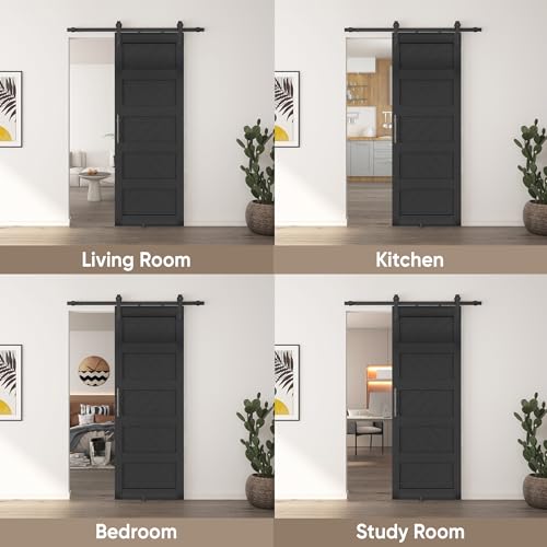 JUBEST 36" x 84" Barn Door, Slding Barn Door Kit Wave Shape Barn Door Panel with Hardware Kit Include, Easy Installation, Solid Wood, MDF & PVC Covered, Black