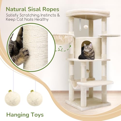 Globlazer Corner Cat Tree for Large Cats, 66inch Tall Curved Series Large Cat Tower for Multiple Indoor Cats with 6 Scratching Posts, 2 Spacious Cat Condos, Hammock, Hanging Basket, C66, Beige