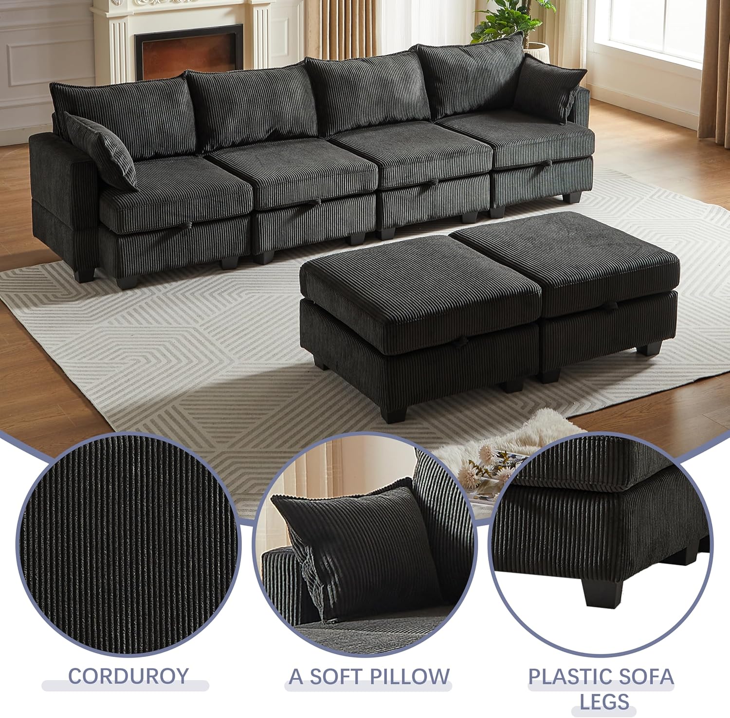 JUSTONE 113.5'' Modular Sectional Sofa with Storage, U Shaped Convertable Sectional Couch with Wide Chaise, Deep Seat Modular Sectional Sofa with Ottoman, Corduroy,Black