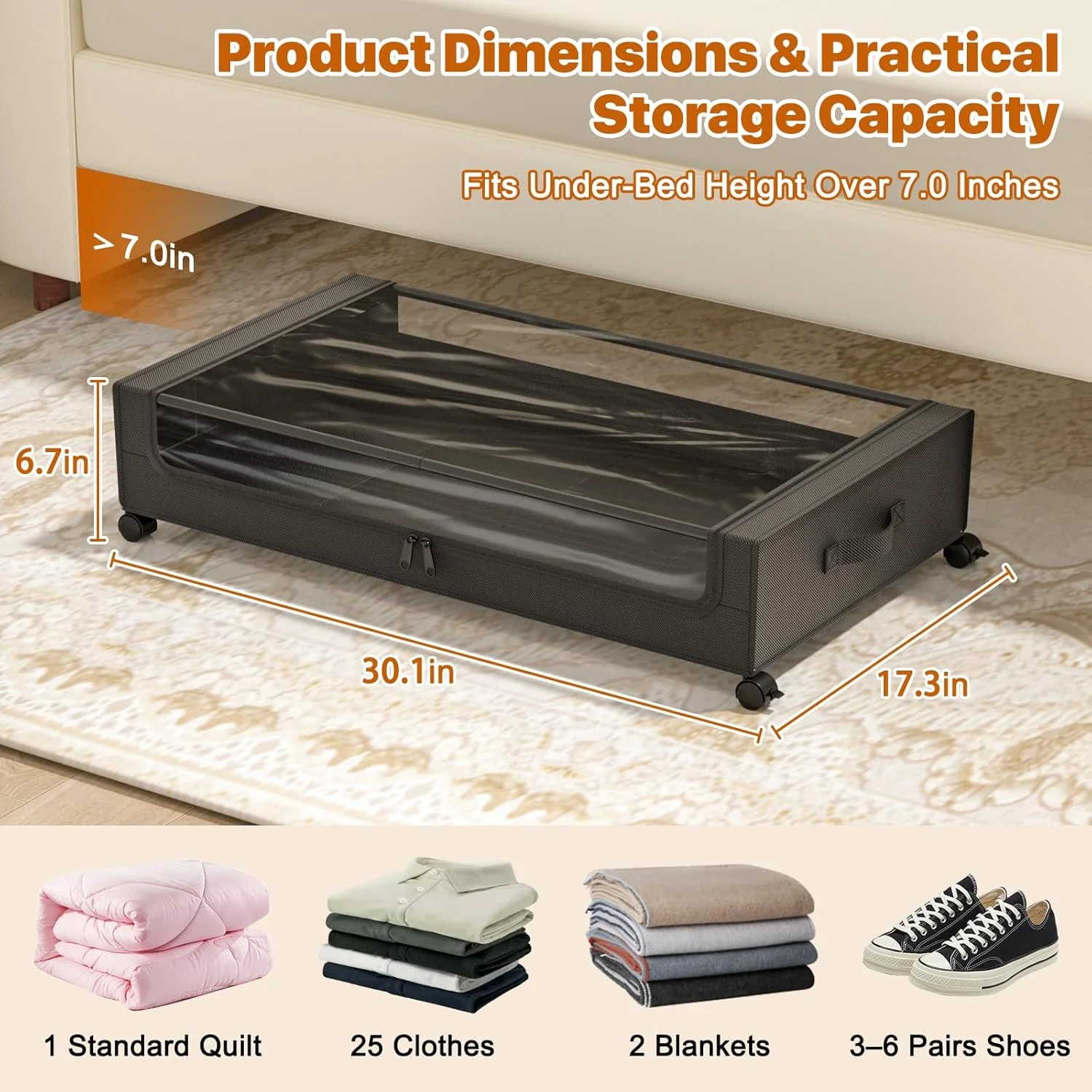 Under Bed Storage with Wheels, 4 Pack Under Bed Storage Containers with Clear Lids, XXL 60L Under-Bed Organizers for Clothes, Shoes – Durable Storage Bins with Smooth Rolling Wheels (White, 4 Pack)