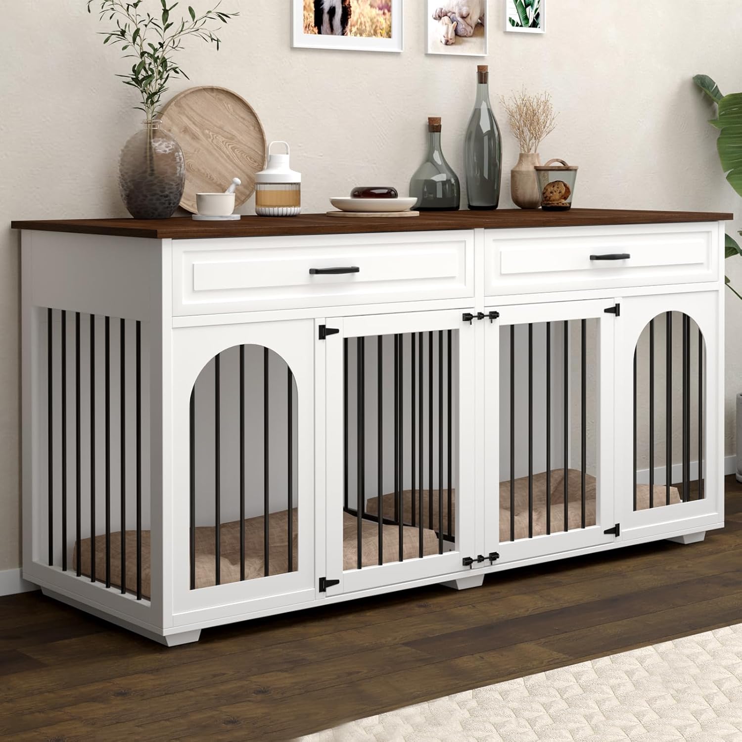 Double Dog Crate Furniture,74.8 Inch Dog Crate Kennel Furniture for 2 Large Breed Dogs,Heavy Duty Wooden Dog Crate with Divider&2 Drawers,White