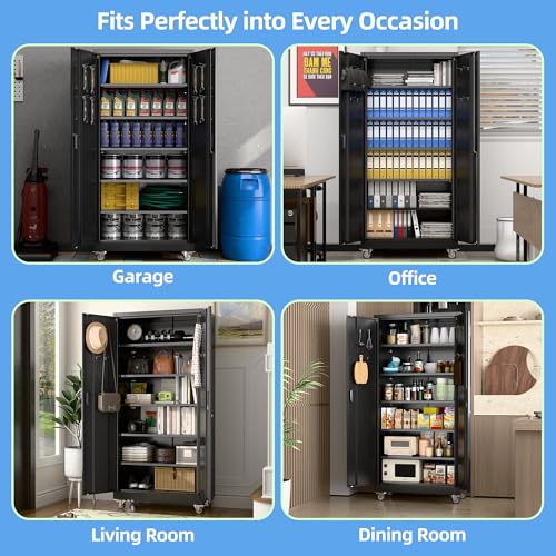 Aobabo Garage Storage Cabinet with Wheels,72" H Metal Storage Cabinet with 2 Doors and 4 Adjustable Shelves for Garage Home, Black,Required-Assembly