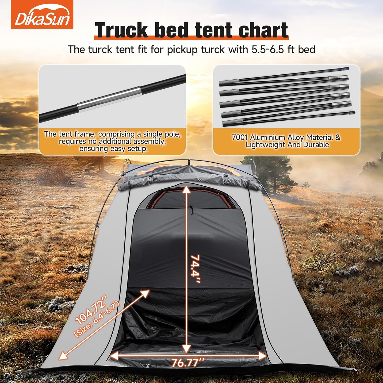 Pickup Truck Bed Tent: Double Layer Quick Setup Pickup Tent 6.4-6.7 Ft, Waterproof PU3000mm Tear-Resistant Truck Tent for Camping (Grey)
