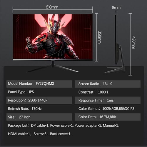 FYHXele Gaming Monitor, Computer Monitor, 1ms, Premium Display, Eye Care, DisplayPort, HDMI, VESA Mount