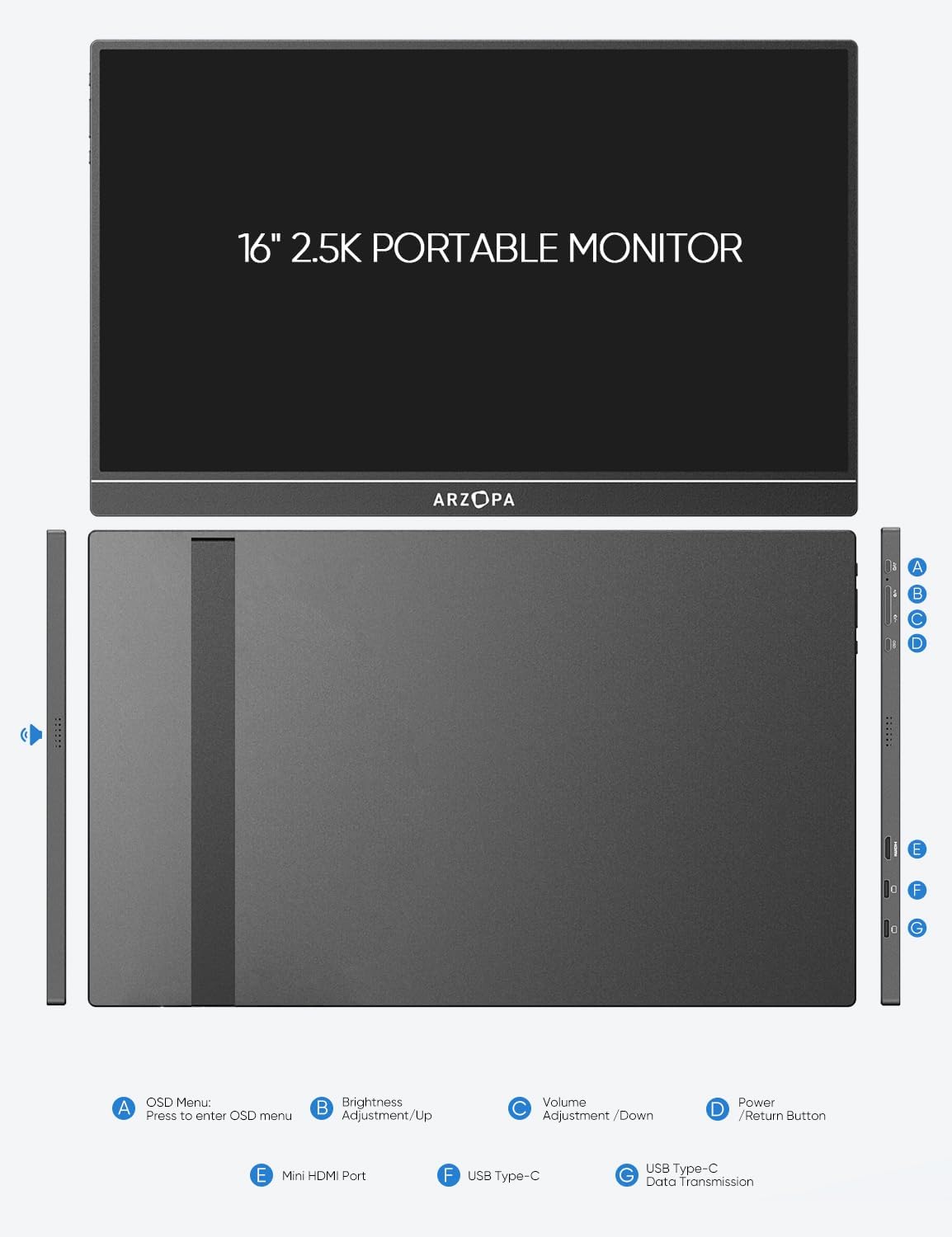 ARZOPA 2.5K Portable Monitor 16" 2560x1600 HDR Kickstand Display, 500nits 8bit QHD USB-C HDMI Laptop Monitor, 16:10 IPS Eye Care External Second Screen for Mac PC Phone PS4/5 Xbox Switch-Z1RC