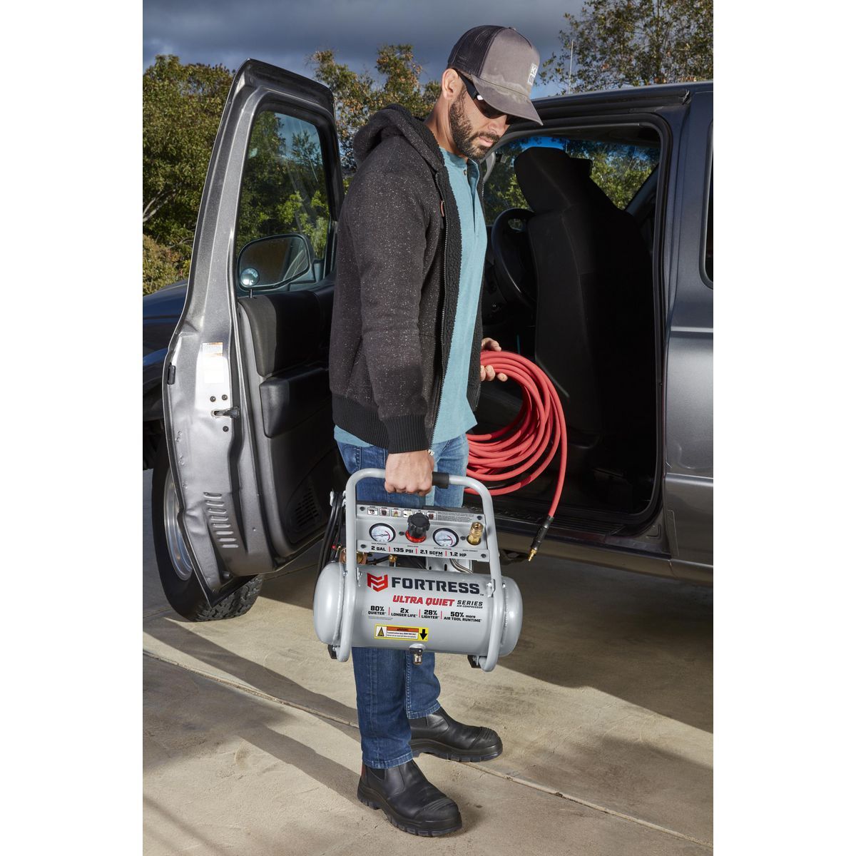FORTRESS 2 Gallon, 135 PSI Ultra Quiet Oil-Free Hand-Carry Jobsite Air Compressor