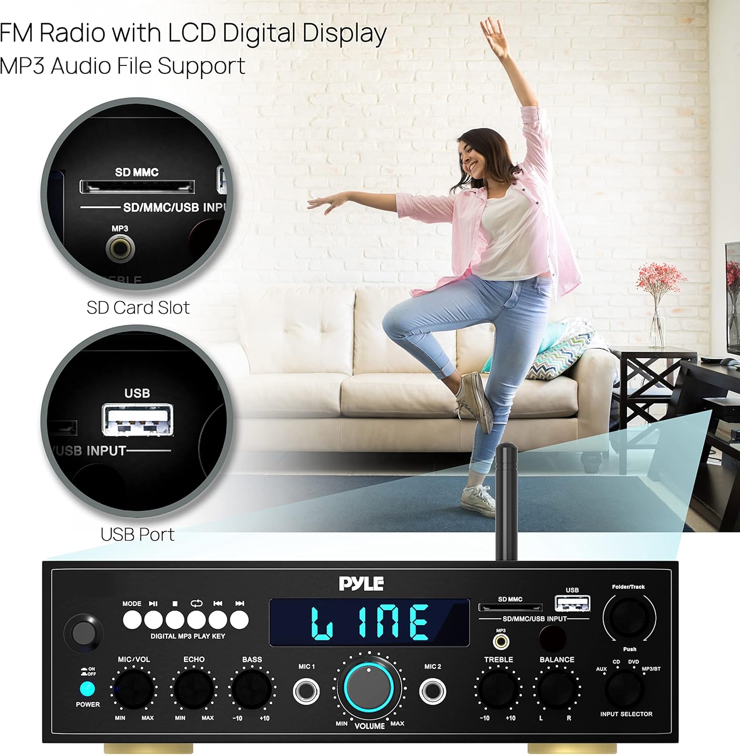 Pyle Compact Bluetooth Stereo Amplifier - 200 Watt Desktop Audio Power Amp Receiver with FM Radio, MP3/USB/SD Readers, Digital LCD Display, Microphone Input - PDA612BU.5 Pack of 2