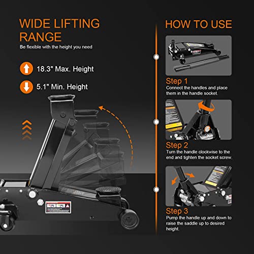 Torin T83505W BlackJack Hydraulic Low Profile Steel Racing Floor Jack with Single Piston Quick Lift Pump, 3 Ton (6,000 lb) Capacity, Black