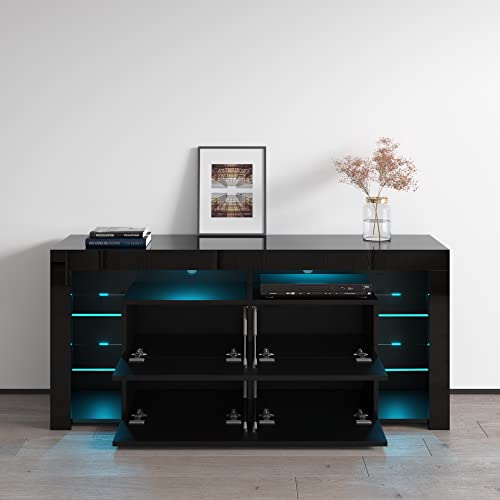 Minelli TV Stand for TVs up to 70", Modern High Gloss 61" Entertainment Center, TV Media Console with Storage Cabinets and LED Lights