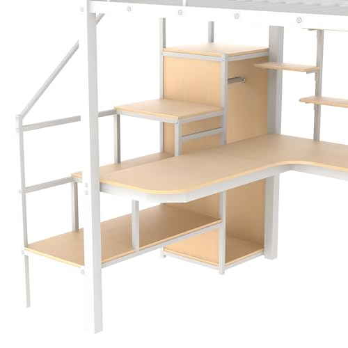Full Size Metal Loft Bed with Storage Staircase and Small Wardrobe, Built-in Desk and Storage Shelves loft bed with desk and storage (Black)
