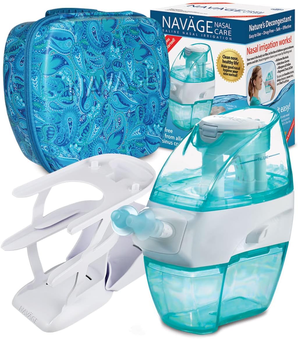 Navage Essentials Bundle - Navage Nasal Irrigation System - Saline Nasal Rinse Kit with 1 Navage Nose Cleaner, 30 SaltPods, Countertop Caddy and Paisley Travel Case
