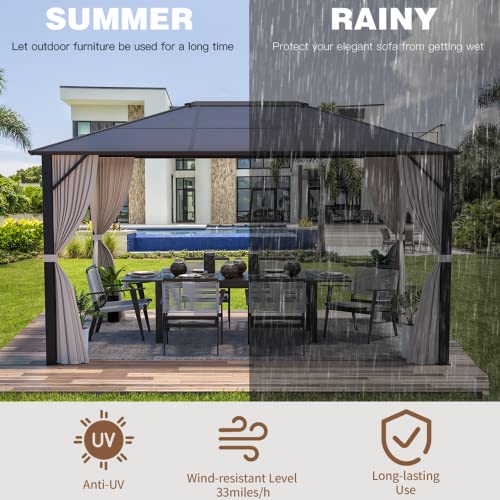 EROMMY 10' x 12' Hardtop Gazebo, Aluminum Frame Gazebos with Galvanized Steel Double Roof, Permanent Outdoor Metal Pavilion with Curtain and Netting for Patio, Lawn, Deck