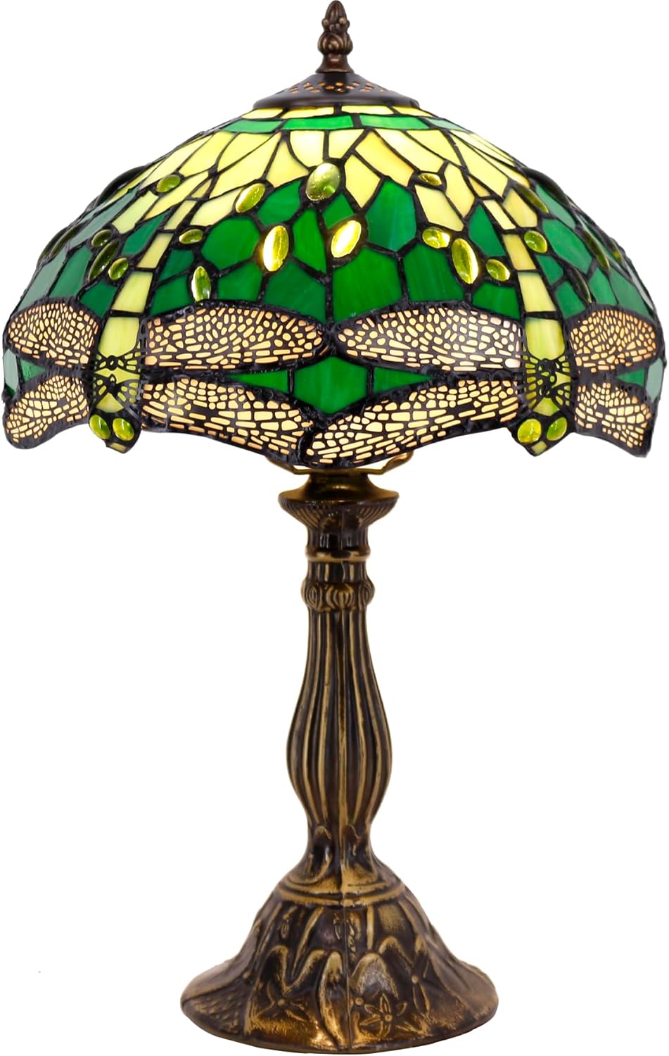 WERFACTORY Tiffany Lamp Green Stained Glass Bedside Table Lamp Dragonfly Style Desk Reading Light 12X12X18 Inches Decor Bedroom Living Room Home Office S459 Series