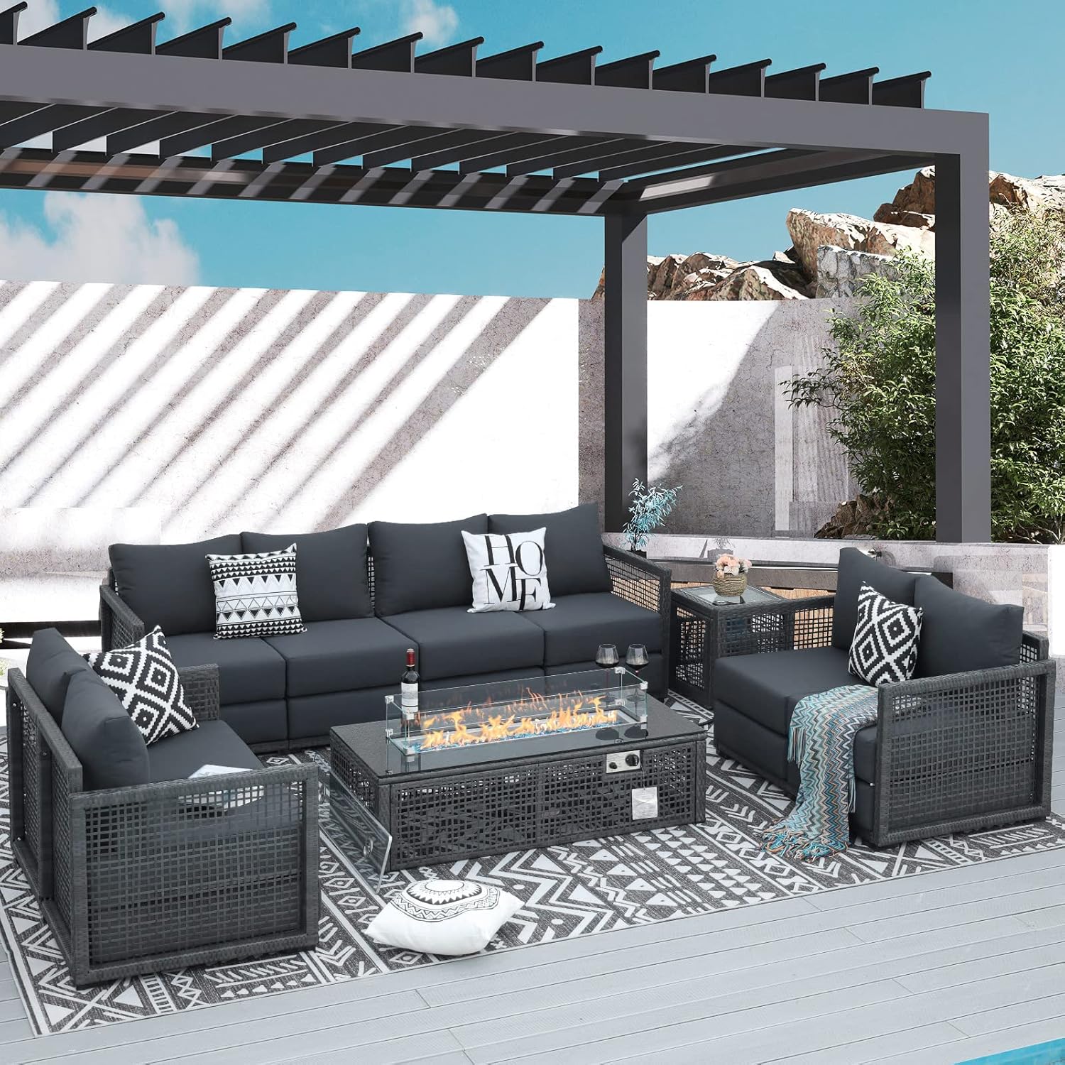 NICESOUL® 10 Piece Patio Furniture Set with Fire Pit Table Large Size Wicker Outdoor Sectional Luxury Rattan Conversation Sets Modular Sofa with Propane/Natural Gas Convert for Pool Lawn Grey