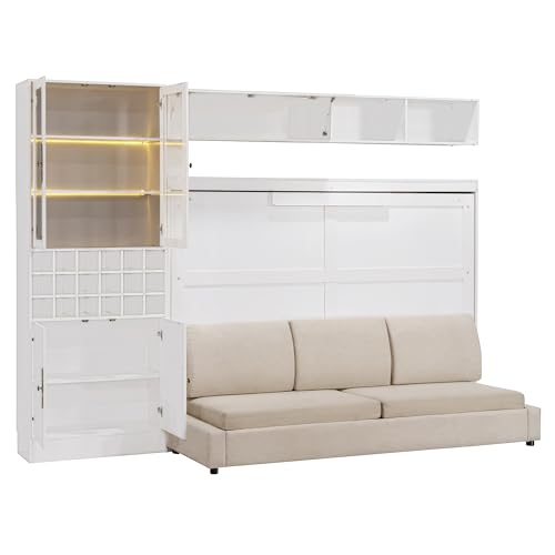 Merax Queen Size Murphy Bed Wall Bed with Sofa, Shelves, USB & Light - Space Saving Foldable Bed for Small Apartments, Grey