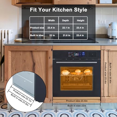 Asypets Single Wall Oven 24" Built-In Electric Ovens, 70L, 3000W, 8 Baking Modes, With Air Frying Function, 3D Surround Heating With Double-Layered Glass Door, Touch Control With Colour Led Screen