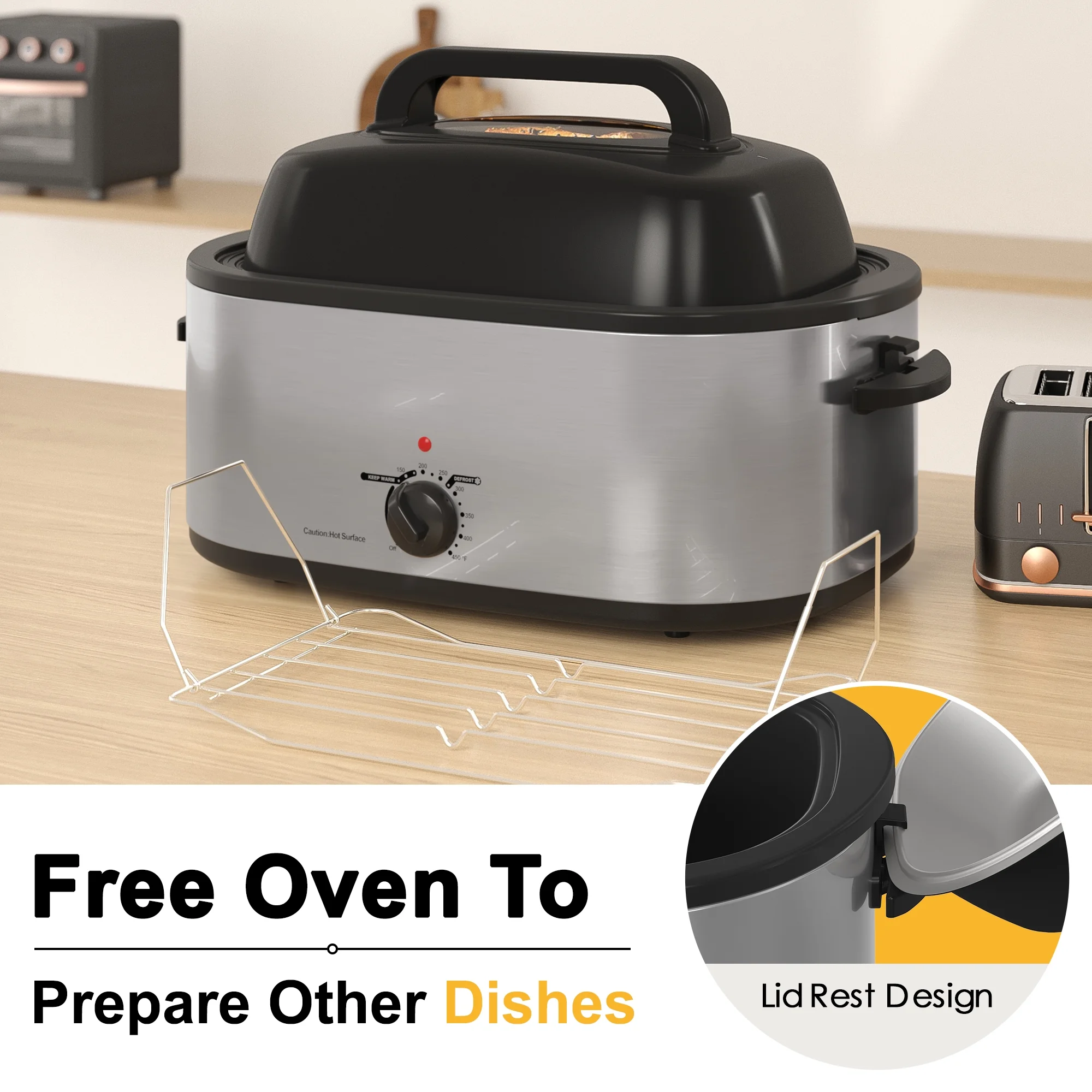 RoyalCraft 22 Quart Electric Roaster Oven with Visible & Self-Basting Lid, Stainless Steel, Silver