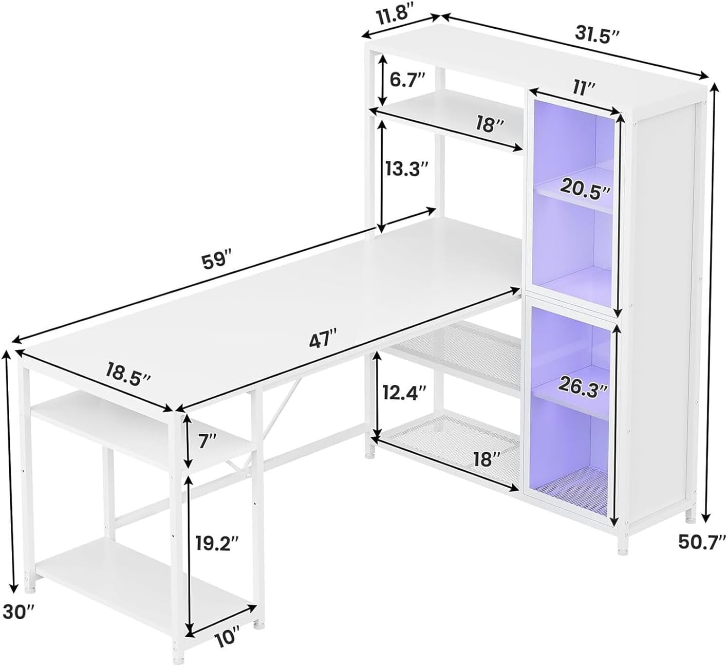 New White 59 Inches L Shape Computer Desk Shelves Storage Display LED Light Bookshelf Door Gamer Table Corner Gaming Cabinet File Shelf Outlets Power Home Office Modern 59”L x 31.5”W x 50.7”H of Set