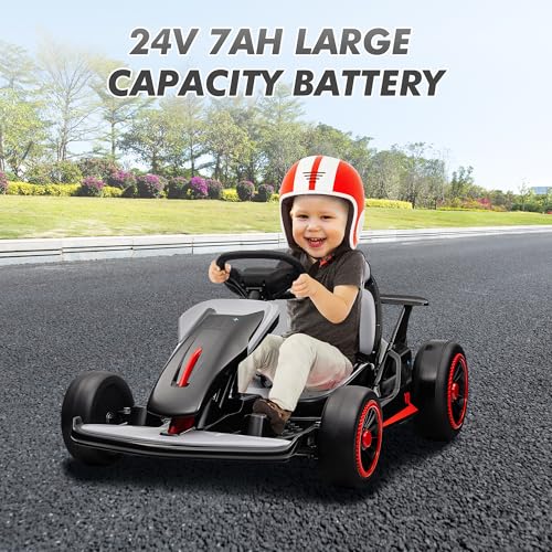 24V Electric Go Kart, Drifting Car Battery Powered Ride on Car with Powerful Motor for Kids 6-12 Years Old, Kids Go Kart with Slow Start, Music, Safety Belt,Max Load 110lbs for Boys and Girls