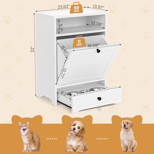 Dog Feeding Station, Dog Food Storage Container with 2 Raised Dog Bowls, Pet Food Cabinet with Pull-Out Elevated Dog Bowl for Water&Feeding Supplies, Pet Feeder Station Furniture for Dogs Cats, Brown