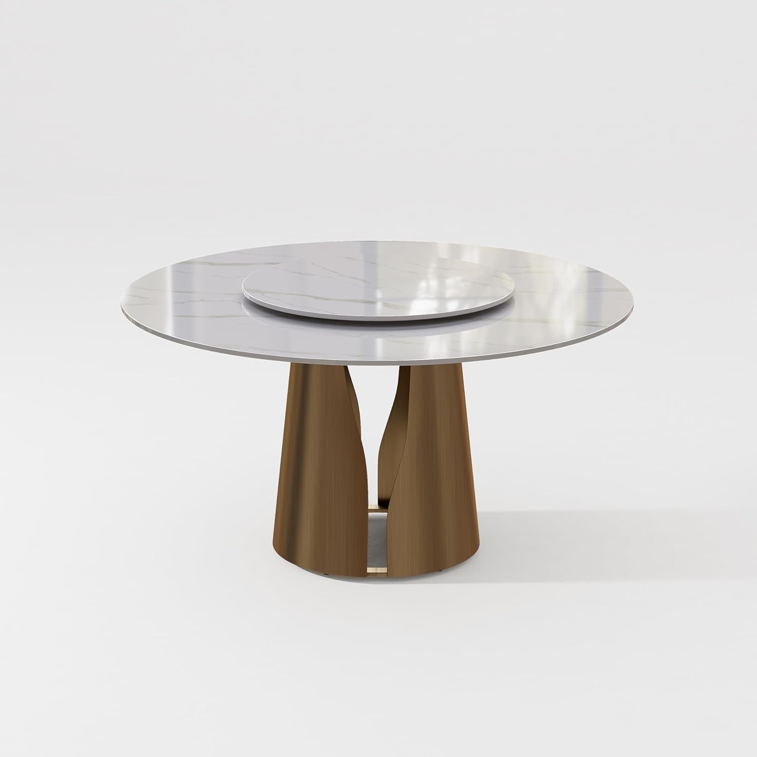 POVISON Round Dining Table for 4-6, Modern Round Dining Table Built in Lazy Susan for Dining Table, 51" Glossy White Sintered Stone Top Dining Table with Bronze Carbon Steel Pedestal(Table Only)