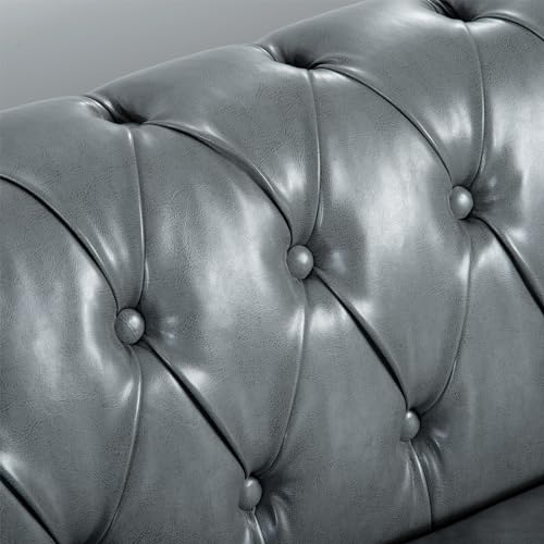 Couch, 3 Seater Sofa, Comfy PU Rolled Arm Chesterfield Couch, 84.65" Mid Century Modern Couches with Silver Studs Trim and Wooden Legs for Living Room Bed Room Apartment, Orange