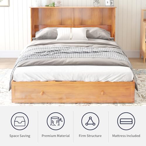 Queen Size Murphy Bed with Large Storage Drawer, Cabinet Bed with Folding Mattress, Murphy Cube Chest Bed with USB Charging Station and Foldable Tray Table - Gray