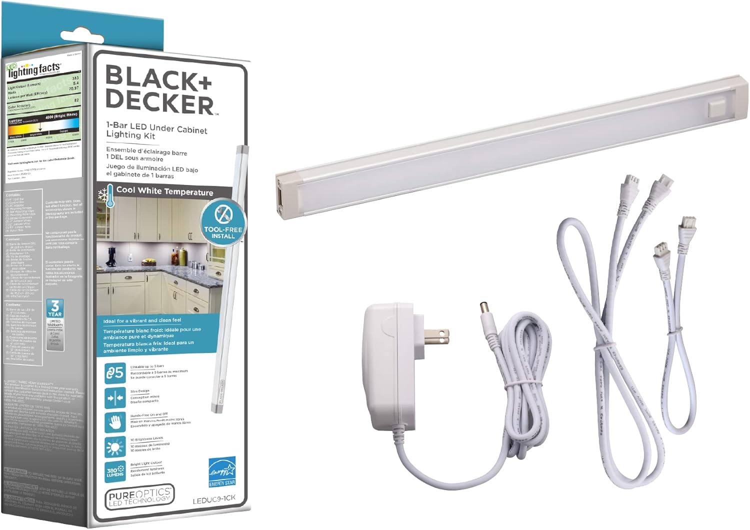 BLACK+DECKER LED Under Cabinet Lighting Kit, 3-Bars, 9 Inches Each, DIY Tool-Free Installation, Warm White, 2700K, 1080 Lumens, 15 Watts, Home Accent (LEDUC9-3WK)