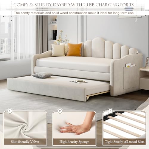 Twin Size Daybed with Trundle, Velvet Day Bed Frame with 2 USB Charging Ports, No Box Spring Needed, Modern Upholstered Sofa Bed with Roll-out Trundle for Bedroom, Living Room, Guest Room, Pink