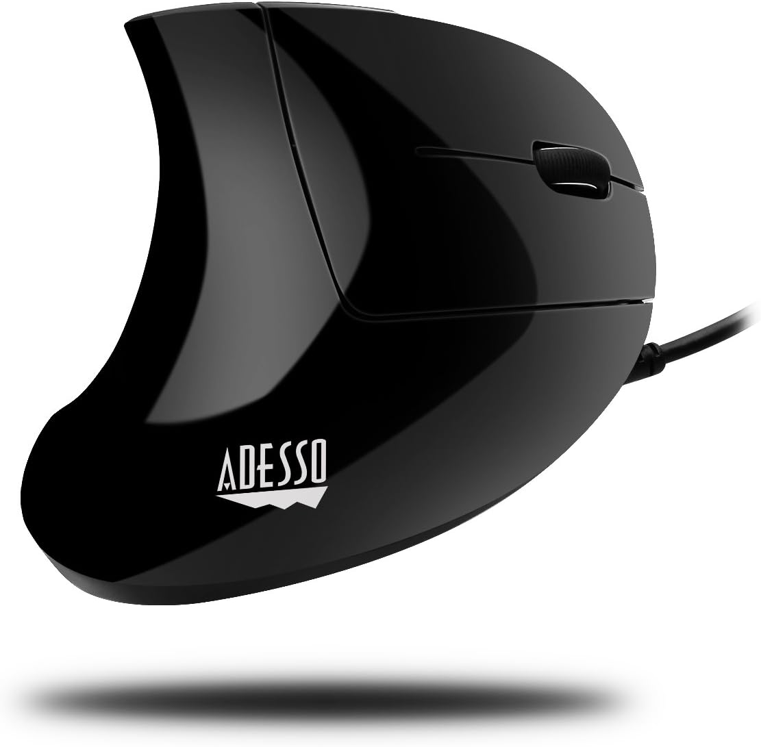 Adesso iMouse E1 - Vertical Ergonomic Illuminated Mouse - Optical - Cable - Glossy Black - USB - 1600 dpi - Scroll Wheel - 6 Button(s) - Right-Handed Only - IMOUSE E1