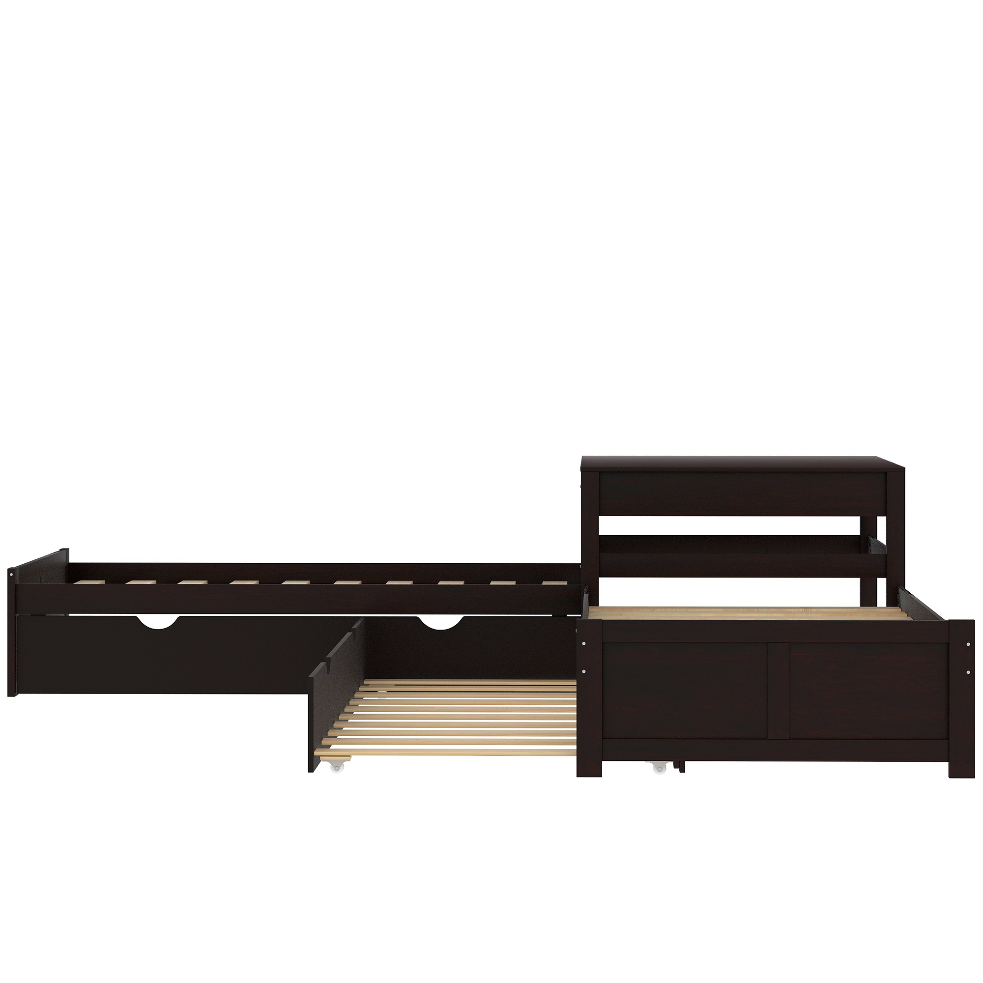 L Shaped Platform Bed with Two Trundles, Wooden Twin Corner Bed with Built-in Square Table for Kids Teens Adults