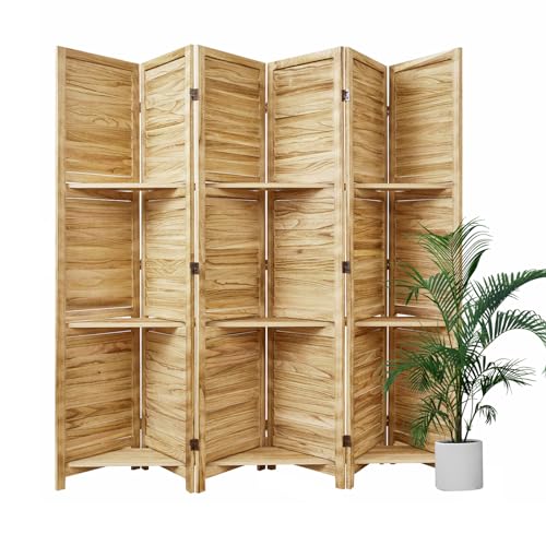 Room Divider with Shelves, 5.6 Ft Tall Folding Wood Screen with Double Hinges for Home Office Bedroom Hotel Decoration (6 Panels, Brown)