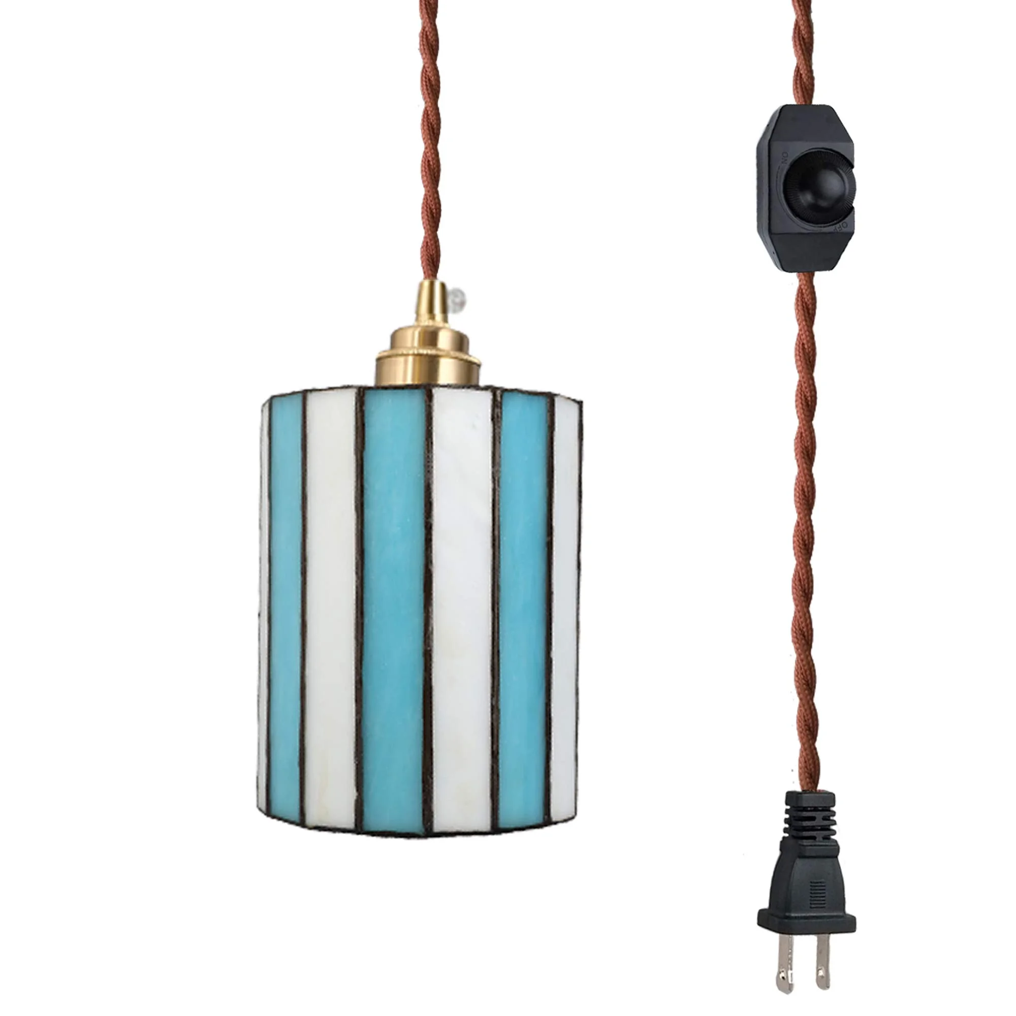 FSLiving Hanging Swag Lamp Pendant Light with 15ft Plug-in UL Dimmable Cord Brass Finished E26 Socket Tiffany Blue Streak Glass Lamp Nordic Industrial Hanging Lamp,Bulbs Not Included - 1 Pack