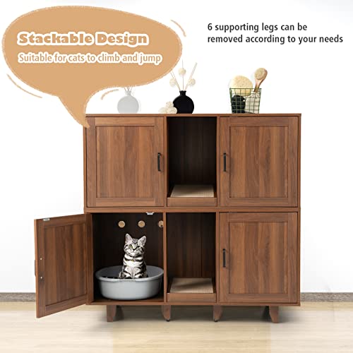 Tangkula Double Cat Litter Box Enclosure for 2 Cats, Large Stackable Hidden Privacy Cat Washroom Cabinet with Scratching Board, Indoor Cat House TV Stand, Litter Box Furniture (Grey Oak)