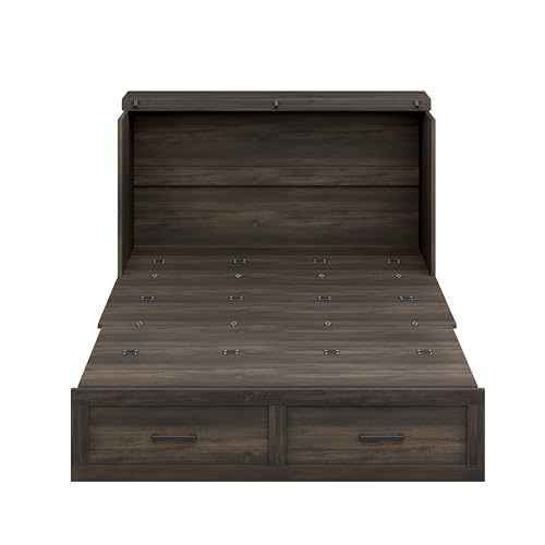 Bellemave Queen Murphy Bed, Cabinet Bed with Charging Station and Storage, Farmhouse Murphy Cabinet with Foldable Panel, Noisy Free, for Guest Bedroom, Living Room, Office, Rustic Gray