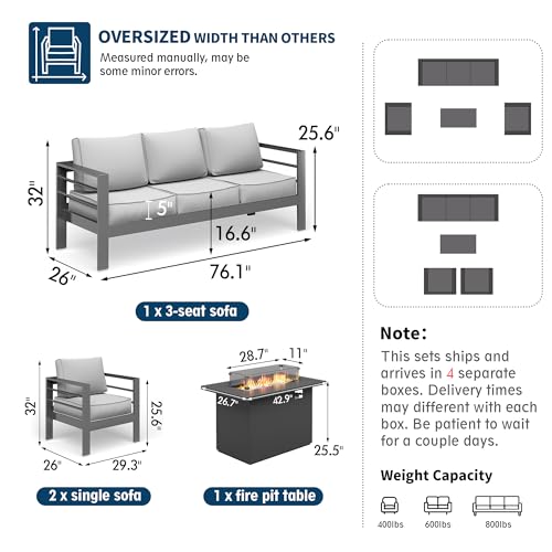 UDPATIO 8 Piece Aluminum Patio Furniture Set, Oversized Modern Outdoor Furniture Set with Olefin Fabric Cushion for Patio Deck Backyard, Dark Grey(with Waterproof Covers)