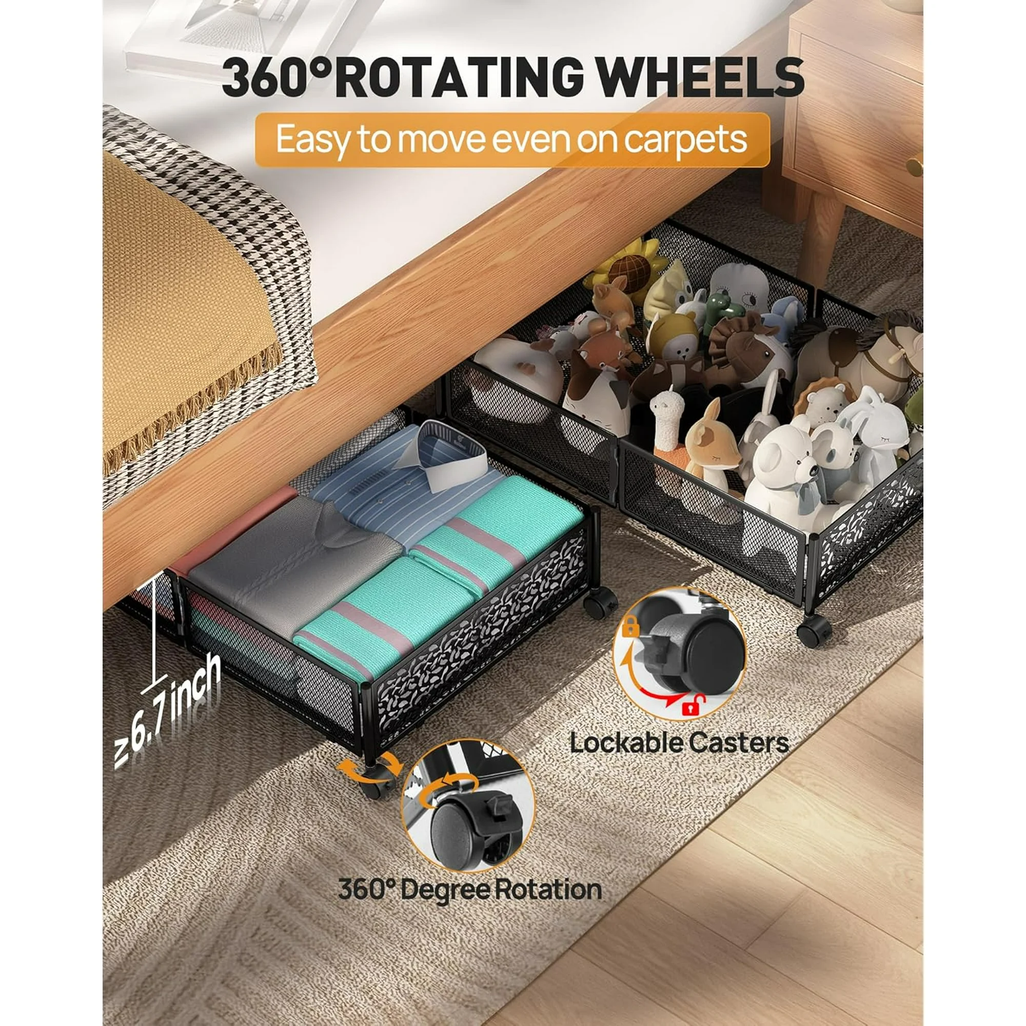 Under Bed Storage with Wheels, 2 Pack Foldable Metal Under Bed Storage Containers, 60L Rolling Underbed Storage, Easy Assembly Under The Bed Storage for Bedroom Clothes Shoes Blankets