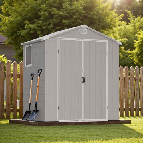 Greesum 6×8FT Plastic Outdoor Storage Shed with Floor, Resin Storaged Sheds with Lockable Double Door, Windows & Vents, All-Weather Tool Sheds for Garden, Backyard, Patio, Light Gray